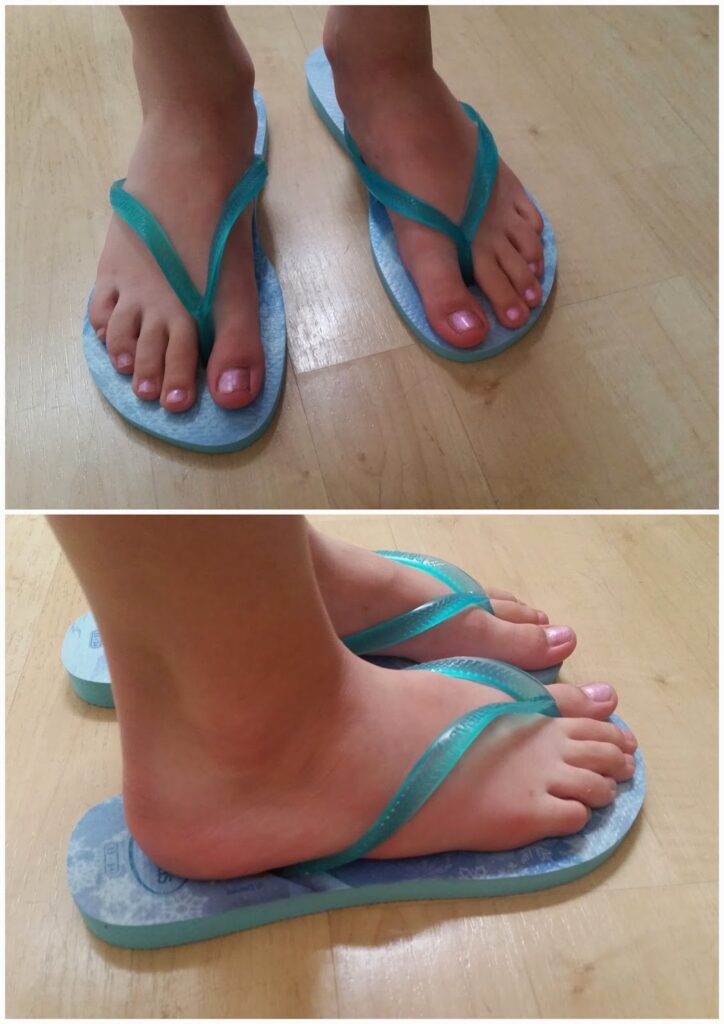 Two photos show feet wearing blue flip-flops that are obviously too big. The top image is a view from above, displaying both feet. The bottom image is a side view, clearly showing excess flip-flop length extending past the toes and heels on a wooden floor.