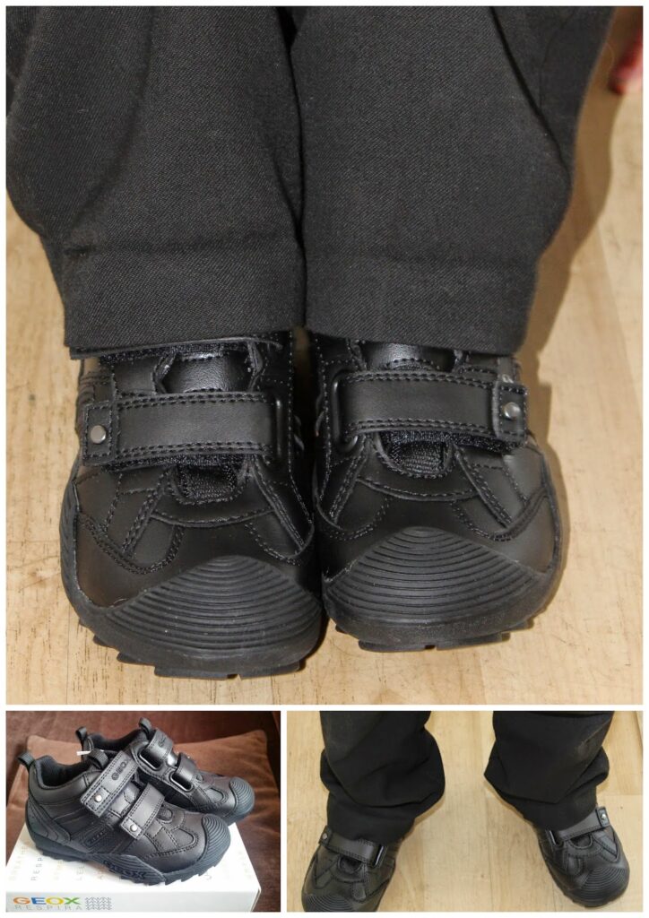 A collage of three photos shows a pair of black children's shoes with Velcro straps. The top photo shows the shoes worn with black trousers. The bottom left photo displays the shoes on a box, and the bottom right shows them worn, viewed from above.