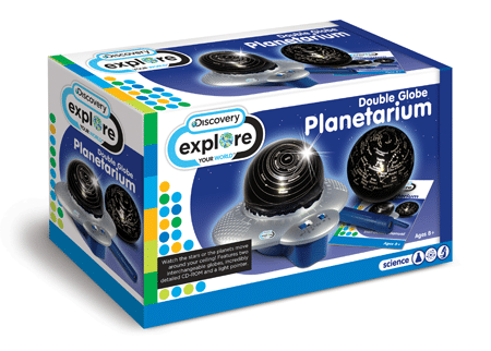 A box for the Discovery Explore Double Globe Planetarium, featuring an image of the toy planetarium, stars, and a projected sky. The packaging is blue and white with colourful dots, and text highlights that it’s for ages 8+ and science-themed.