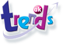 The image shows the word “trends” in colourful, playful 3D-style lettering. The letters are blue, purple, and pink, with a circular pink logo above the “n” featuring the letters “uk” in white. A curved swoosh appears underneath the text.
