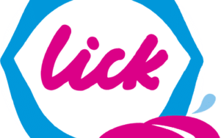 A stylised blue outline of lips with the word "lick" in bold, pink script inside. At the lower right, a pink tongue with a blue drop extends from the lips, emphasising the word's meaning in a playful design.