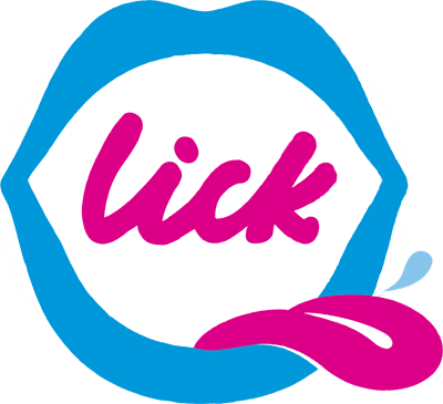 A stylised blue outline of lips with the word "lick" in bold, pink script inside. At the lower right, a pink tongue with a blue drop extends from the lips, emphasising the word's meaning in a playful design.