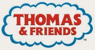 The "Thomas & Friends" logo features bold red text outlined in white and blue, reading "THOMAS & FRIENDS," set inside a white cloud shape with a blue border against a pale background.
