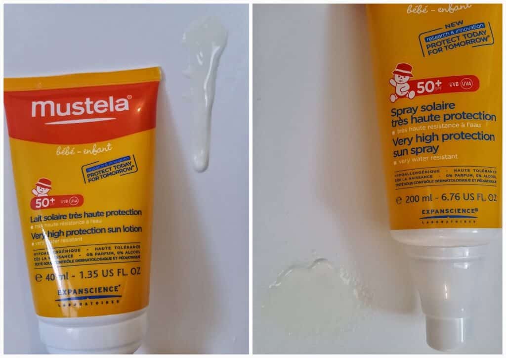 A yellow tube of Mustela Very High Protection Sun Lotion SPF 50+ with white suncream spilled next to it; close-up also shows product label and “Protect Today For Tomorrow” tagline. Text is in French and English, tube size is 40 ml and 200 ml.