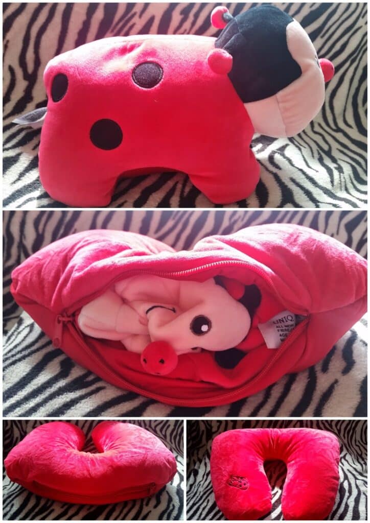 A red and black plush ladybird toy converts into a pillow. Top: Plush ladybird on a zebra-print surface. Middle: Ladybird unzipped, revealing it can store a small ladybird plush inside. Bottom: Pillow forms—one circular, one U-shaped—each red with ladybird details.