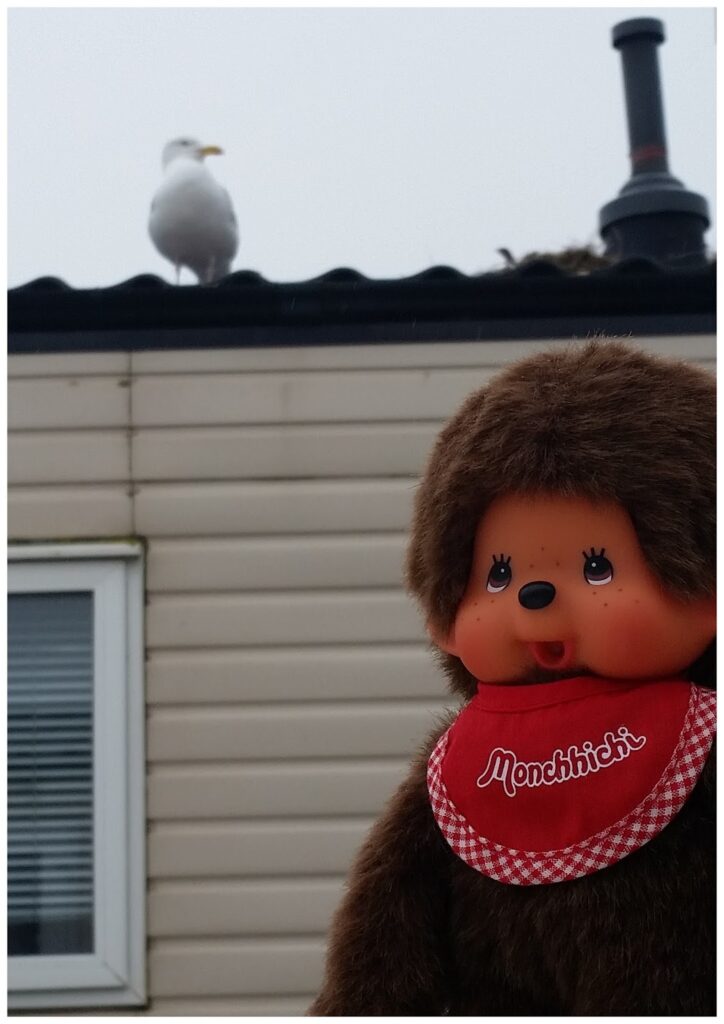 A Monchhichi doll with a red bib stands in front of a beige building with a window. On the building's roof sits a white seagull, and a black pipe extends upward into the cloudy sky. The scene is overcast and calm.
