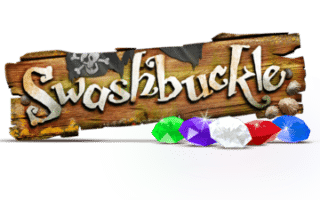 A wooden sign reads "Swashbuckle" in a pirate-style font, with a skull and crossbones detail. Colourful gems—green, purple, red, white, and blue—are displayed in front of the sign on a white background.