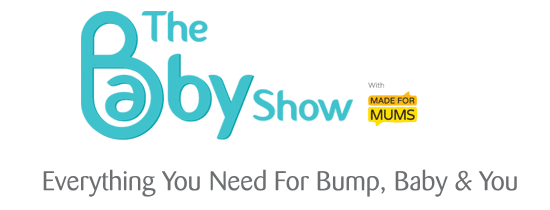 Logo for The Baby Show. The word "Baby" is in large turquoise letters, with “The” above it and “Show” beside it in smaller turquoise text. A yellow badge reads “MADE FOR MUMS.” Below, grey text says, "Everything You Need For Bump, Baby & You.