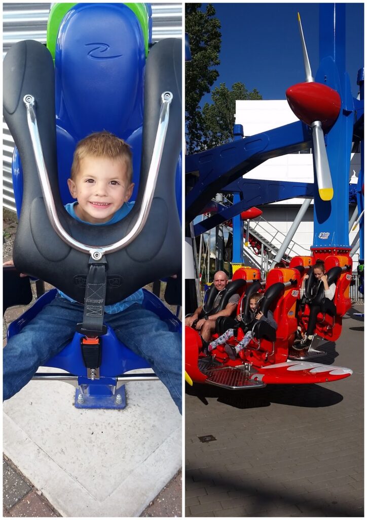 Split image: Left side shows a smiling young boy with brown hair sitting in a blue amusement park ride seat, secured by black shoulder restraints. Right side shows several people, including the boy, riding the spinning ride outdoors on a sunny day.