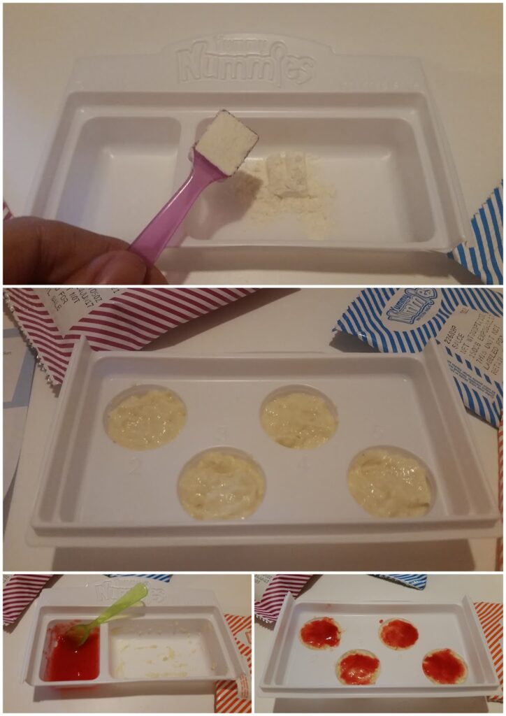 Four-panel collage showing the preparation of a DIY sweet kit. Top left: a hand scoops powder with a pink spoon into a tray. Top right: the powders are mixed into four round shapes. Bottom left: red sauce is stirred. Bottom right: red sauce is placed on the four round shapes.