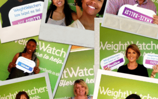 A collage of eight smiling adults of various ages and ethnicities stands in front of a green WeightWatchers backdrop, each holding signs with positive words like “NOT GUILTY!”, “AMAZE-BALLS!”, “HAPPY!!!”, “POSITIVE”, and “BRILLIANT!!!”.