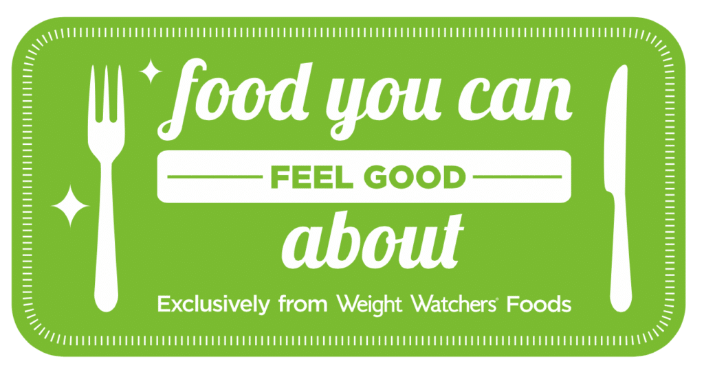 A green rectangle with a white fork on the left and knife on the right. Text reads: “food you can FEEL GOOD about.” Below, it says: “Exclusively from Weight Watchers Foods.” White sparkles appear near the fork.