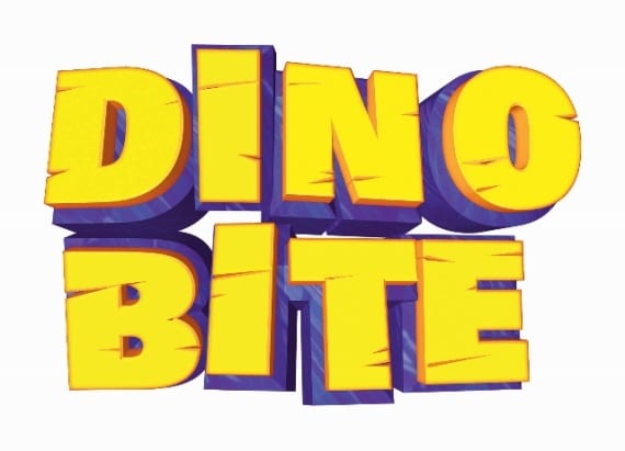 The image shows bold, three-dimensional yellow text with purple shadows that reads "DINO BITE." The letters have a chunky, playful style, resembling something from a cartoon or children's game. The background is plain white.