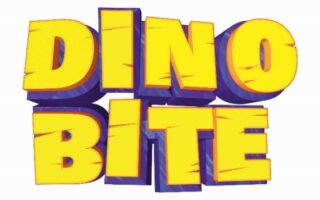 Bold, 3D yellow text with a purple shadow reads "DINO BITE." The letters are large, blocky, and have a textured look, evoking a playful and fun style suitable for a children's dinosaur-themed game or event. The background is white.