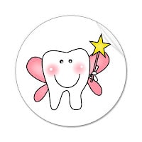 A cartoon tooth with pink cheeks, a big smile, and pink fairy wings holds a yellow star-tipped wand. The image is inside a white circle with a curled corner, resembling a sticker.