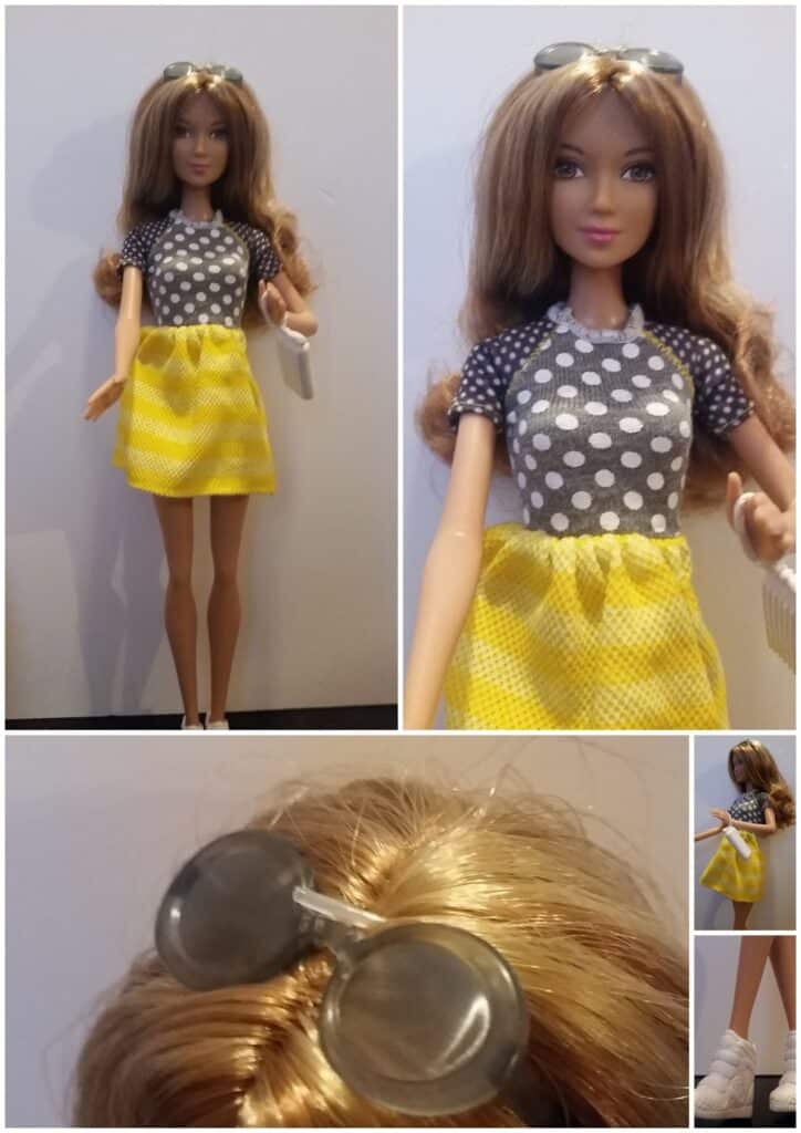 A Barbie doll with long brown hair, wearing grey sunglasses on her head, a grey polka-dot top, a yellow skirt, and white shoes. She holds a white handbag. Close-ups show her face, sunglasses, outfit, and full body from different angles.