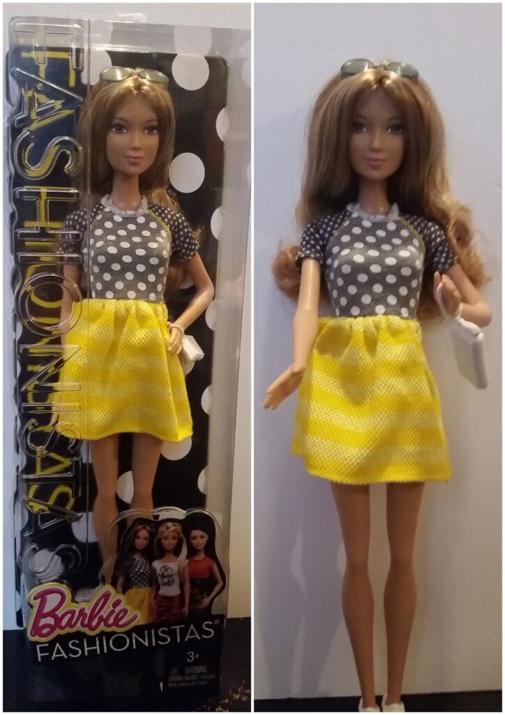 A Barbie Fashionistas doll with long brown hair, wearing sunglasses, a grey polka-dot top, and a yellow-striped skirt. The left shows the doll in its box, and the right shows the doll standing outside the packaging.