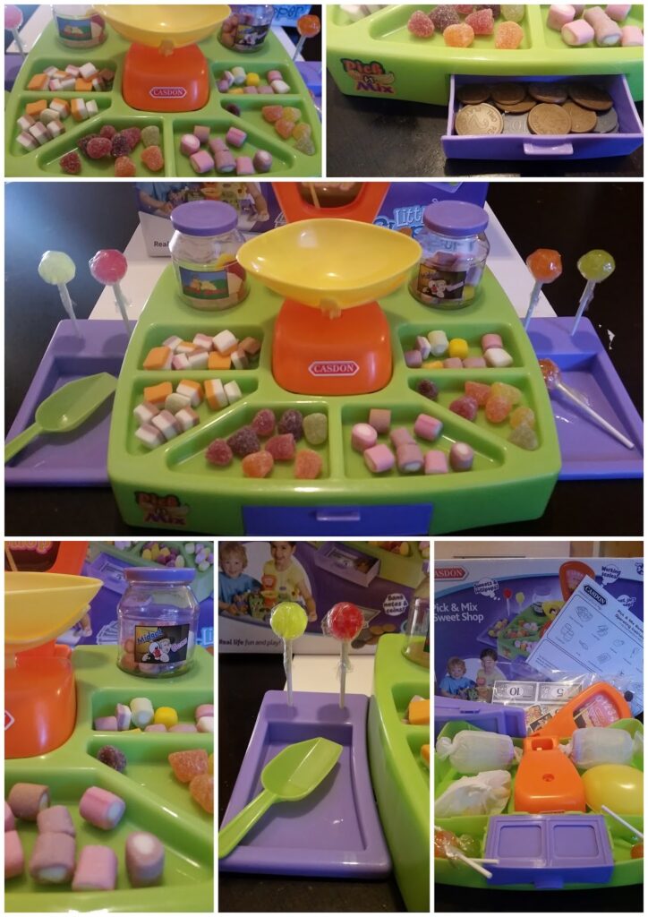 Plastic sweet shop playset with a yellow toy scales, assorted colourful pretend sweets, jars, scoops, and trays. There are toy lollies, marshmallows, and biscuits, set up for imaginative play, displayed from various angles.