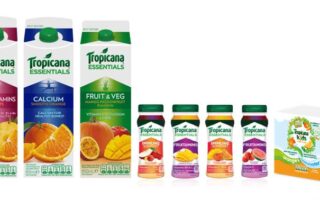 A line-up of Tropicana Essentials drinks: three tall cartons (Multivitamins, Calcium, Fruit & Veg), four small bottles in assorted fruit flavours, and a six-pack of smaller drink cartons for children, all with colourful fruit images on the packaging.
