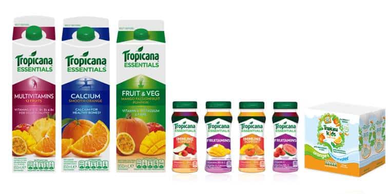 A line-up of Tropicana Essentials drinks: three tall cartons (Multivitamins, Calcium, Fruit & Veg), four small bottles in assorted fruit flavours, and a six-pack of smaller drink cartons for children, all with colourful fruit images on the packaging.