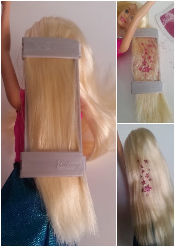 A Barbie doll with long blonde hair is shown in three photos: left, her hair is clamped between two grey hair tools; top right, pink glitter is sprinkled onto her hair; bottom right, her hair displays pink glitter stars.