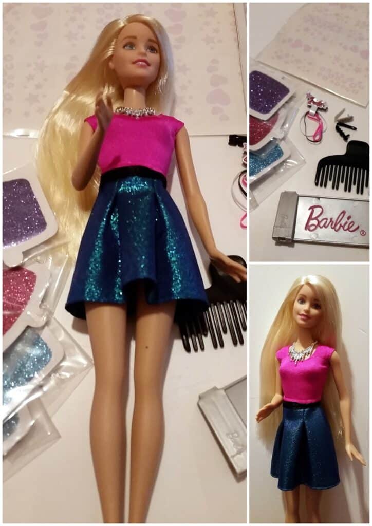 A Barbie doll with long blonde hair wears a pink top, blue sparkly skirt, and silver necklace. Surrounding her are accessory packs with glittery coloured pieces, a black comb, shoes, and a Barbie logo card. Close-ups show outfit details and accessories.