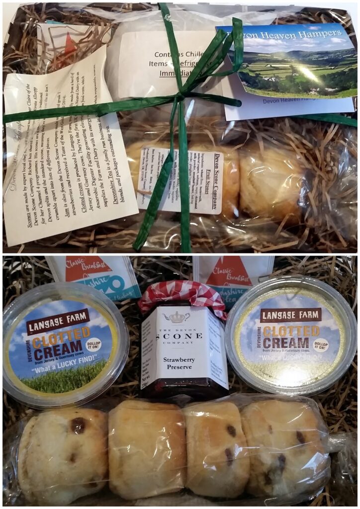 A gift hamper contains scones, two tubs of clotted cream, strawberry preserve, and tea bags, all nestled in straw packaging. The top view shows the hamper wrapped in clear plastic with a green ribbon, whilst the bottom view displays the unpacked contents.
