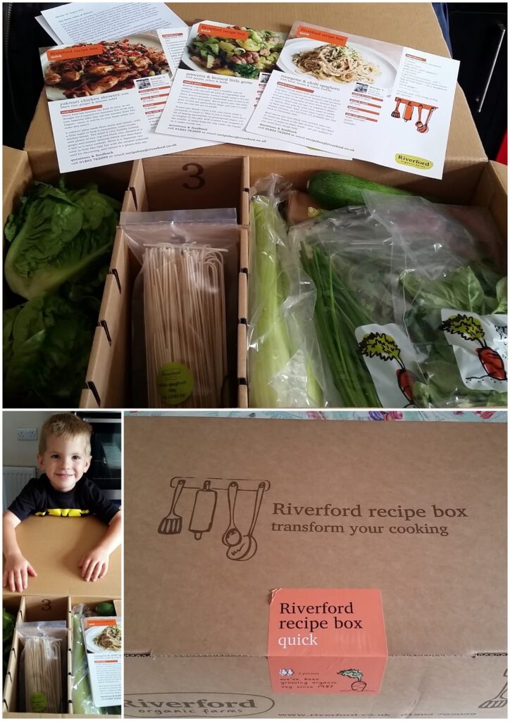 A collage shows: (top) a Riverford recipe box with fresh vegetables, skewers, and recipe cards; (bottom left) a smiling child behind the opened box; (bottom right) the closed box labelled "Riverford recipe box quick.