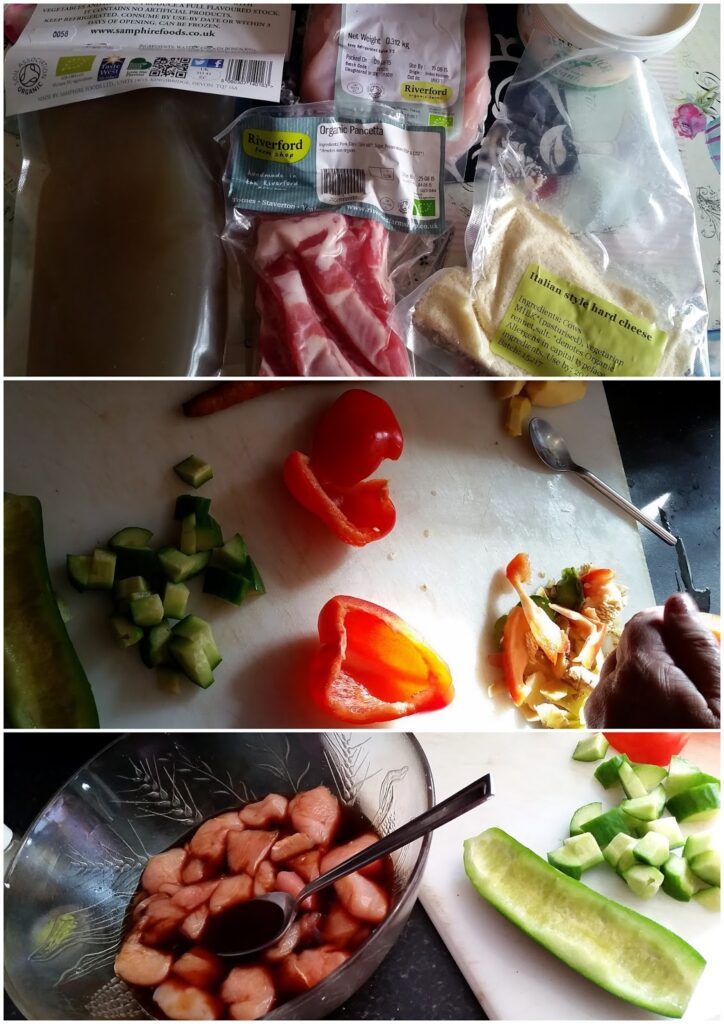 A collage of three photos: Top—packaged ingredients including bacon, cheese, and stock on a counter. Middle—chopped cucumber, red pepper, and cheese with a hand slicing on a chopping board. Bottom—diced food in a bowl and sliced cucumber beside it.