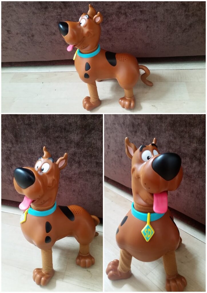 Three photos show a brown Scooby-Doo toy with black spots, blue collar, and yellow tag. The toy stands on a light floor in front of a brown sofa, with its tongue out and mouth open in a playful expression. Different angles are displayed.