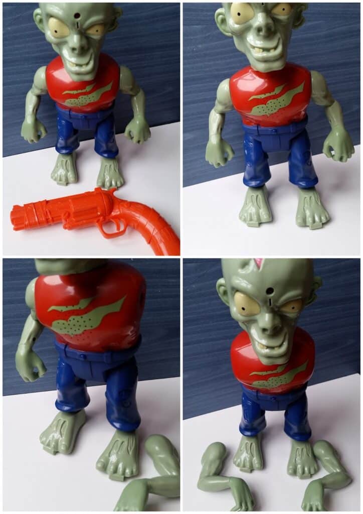 Four photos of a green zombie toy with a red shirt and blue trousers. The toy's right arm is detachable—shown both attached and lying beside it. An orange toy gun is also visible on the white surface in one image. Background is blue.