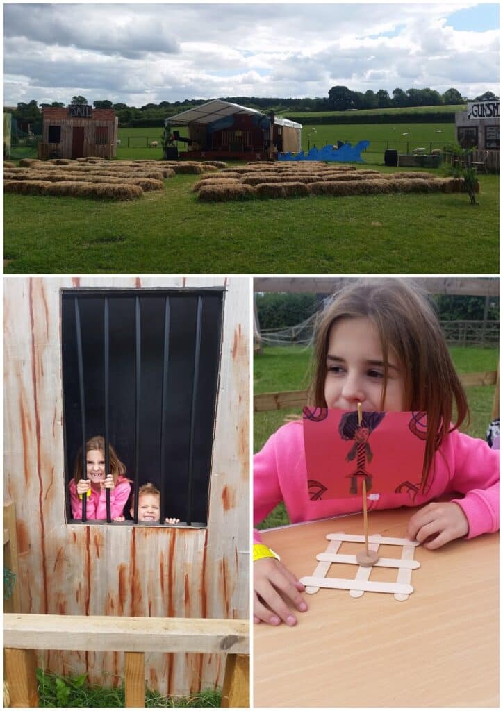 A collage: Top—an outdoor Wild West stage set-up with hay bales and painted façades. Bottom left—two children look out from behind mock gaol bars. Bottom right—a smiling girl sits at a table, holding up a craft project made from paper and lollipop sticks.