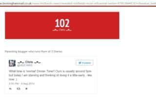 A web page shows “102 Chris” in bold red and white, ranking someone named Chris. Below is a tweet: "What time is 'normal' Dinner Time? Ours is usually around 5pm but today I am starving and thinking of having it a little early – like now :).".