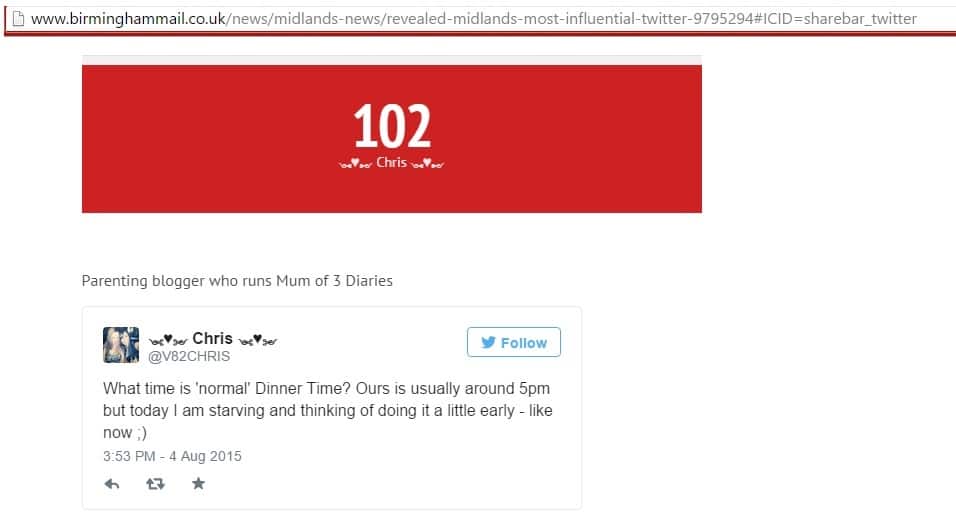 A web page shows “102 Chris” in bold red and white, ranking someone named Chris. Below is a tweet: "What time is 'normal' Dinner Time? Ours is usually around 5pm but today I am starving and thinking of having it a little early – like now :).".