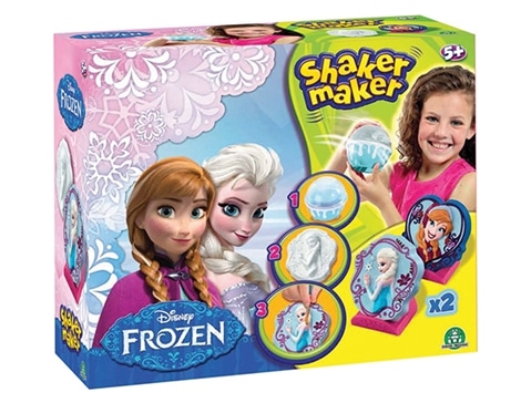 A colourful Disney Frozen Shaker Maker craft kit box featuring Anna and Elsa, step-by-step images of creating figures, a smiling child holding a finished globe, and text showing it’s for ages 5+ and makes two models.