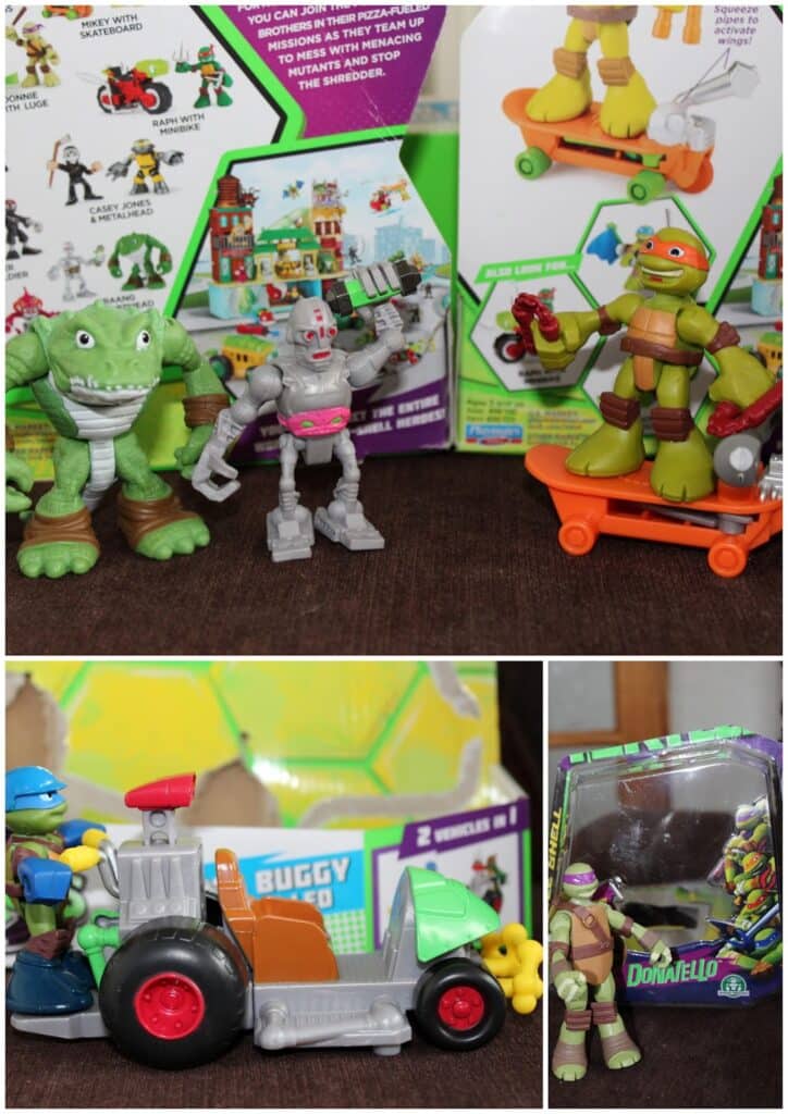A collage of Teenage Mutant Ninja Turtles toys: Top—Leatherhead, Metalhead, and Michelangelo (on a skateboard with pizza) in front of colourful boxes; Bottom left—Leonardo drives a buggy; Bottom right—Donatello stands beside his boxed figure.
