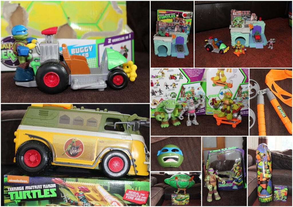 A collage of Teenage Mutant Ninja Turtles toys, including action figures, vehicles like a buggy and van, playsets with castle-like structures, an orange toy bow, and toy packaging, all arranged on a brown surface.
