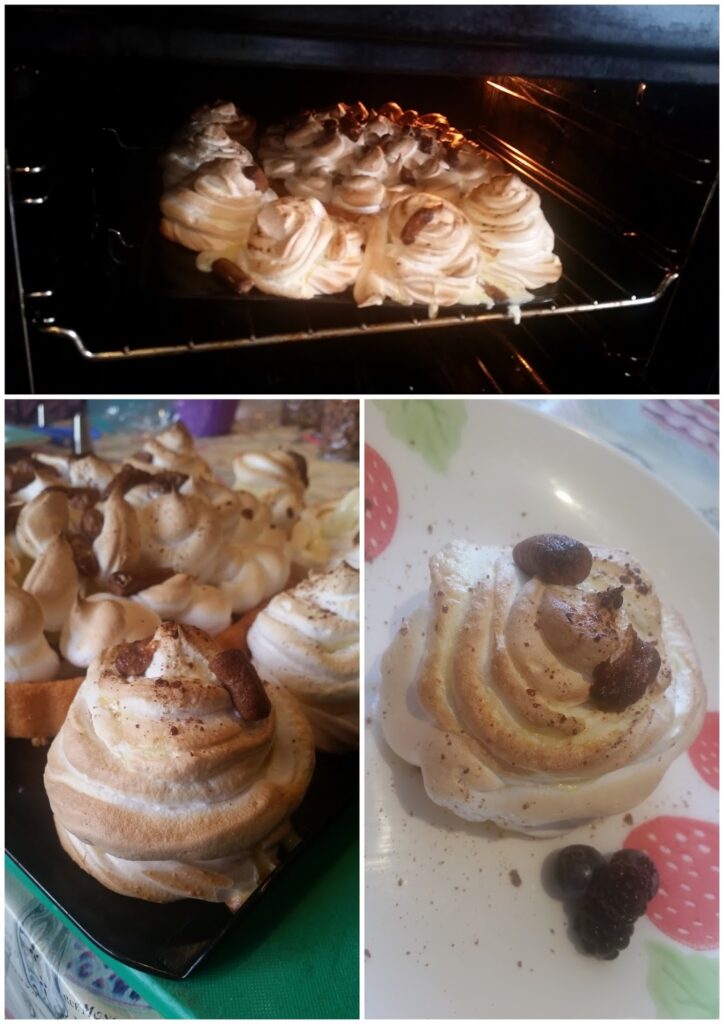 A collage of three photos shows meringue desserts. Top: Meringues baking in the oven. Bottom left: Golden-brown meringues cooling on a tray. Bottom right: A single meringue on a plate, topped with chocolate and berries.
