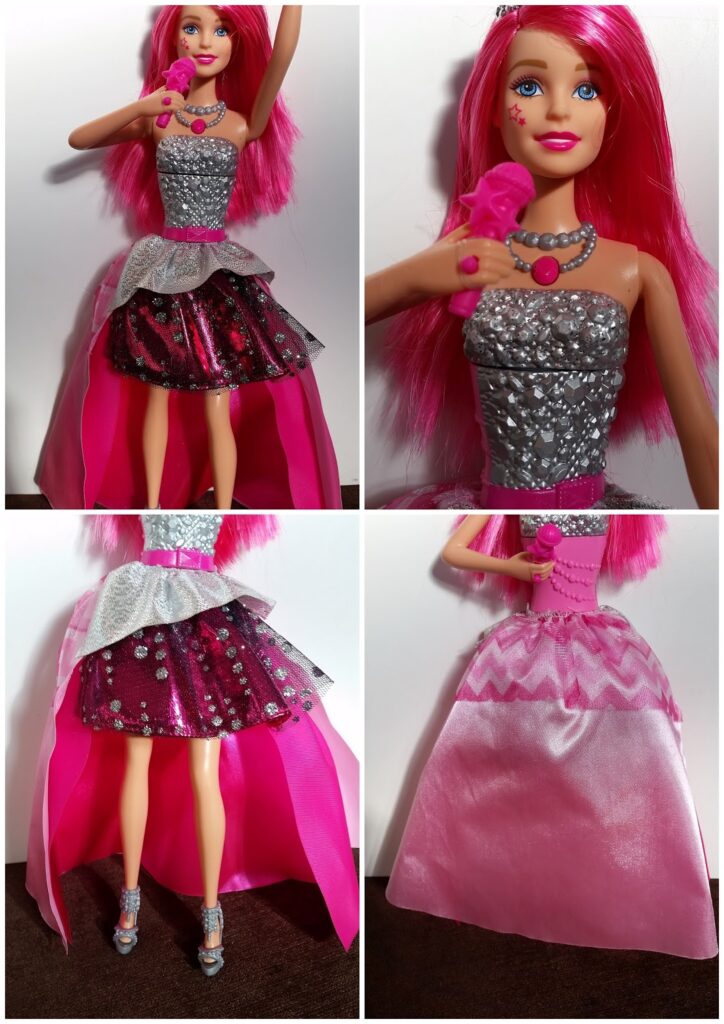 A Barbie doll with long pink hair wears a sparkly silver and magenta dress with a silver peplum and pink high-low train. She has pink jewellery, silver heels, and blue eyes. The collage shows front, close-up, side, and back views of the doll and dress.