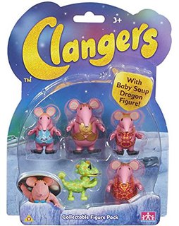 A toy packaging labelled "Clangers" contains five collectable figures: four pink mouse-like creatures in colourful outfits and one small green dragon. The packaging background shows a starry night sky and the moon, with a yellow bubble reading, "With Baby Soup Dragon Figure!".