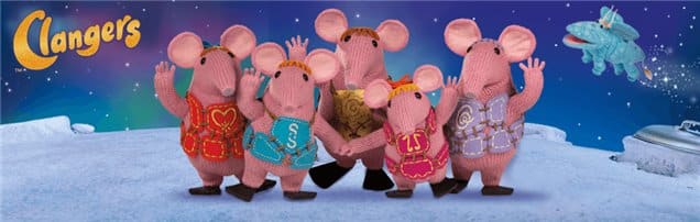 A group of knitted mice.