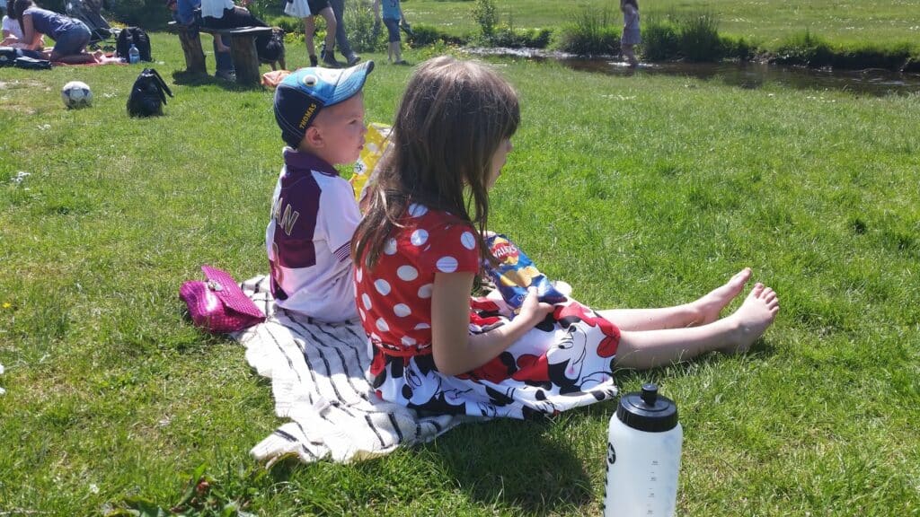 A boy and girl sitting on a blanket in a grassy area.