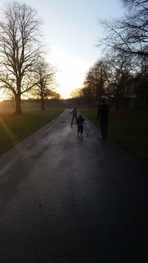Three people, including a child on a scooter, walk down a paved path in a park at sunrise or sunset. Tall leafless trees line the path, and sunlight casts long shadows across the wet ground. The scene feels peaceful and serene.