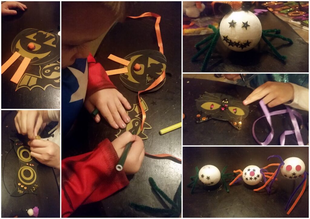 A collage of children making Halloween crafts: Left, a child draws on a bat mask; top right, a white spider craft with green pipe cleaner legs; bottom right, three decorated spider crafts with eyes, mouths, and pipe cleaner legs.