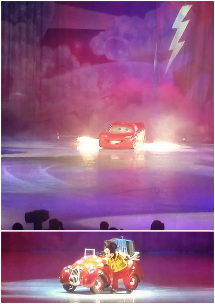 A stage show on ice features two scenes: the top shows Lightning McQueen, a red racing car with headlights and a smiling face, leaving fiery tracks; the bottom shows a cartoonish red car with a large yellow glove driving, resembling a classic Disney character.