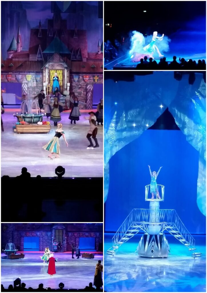 A collage of five photos from a Frozen ice skating show: characters perform on ice before a castle backdrop, Elsa creates magic with blue light effects, and Elsa stands atop an icy staircase with raised arms under shimmering lights. Audience silhouettes appear in some images.