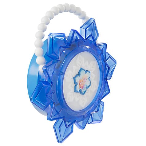 A blue, snowflake-shaped plastic handbag with a white beaded handle. In the centre, there's an image of Elsa from Disney’s Frozen. The handbag has translucent blue points and white patterns, giving it an icy, winter-themed design.