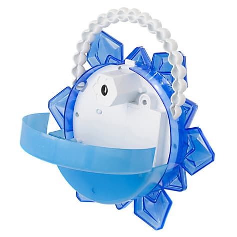 A blue and white plastic snowflake-shaped basket with a round handle made of white beads. The basket features a semi-circular blue holder at the front, and translucent blue geometric shapes form the snowflake design around the white centre.