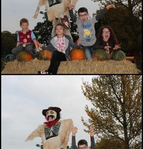 Four children sit and pose on hay bales with pumpkins in front of a scarecrow dressed as a skeleton with a hat. In the first photo, they smile calmly; in the second, they raise their hands and pull playful, excited faces. Trees and sky are in the background.