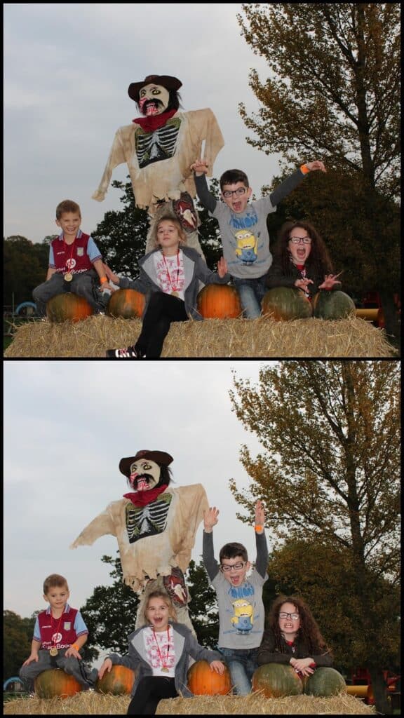Two stacked photos show four children sitting on hay bales with pumpkins in front of a scarecrow dressed as a skeleton. In the first photo, they smile calmly; in the second, they raise their arms excitedly. Autumn trees and cloudy sky are in the background.